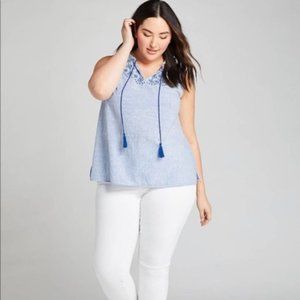 NWT Lane Bryant Boho Blue White Striped Floral Embroidered Tassel Tank 18